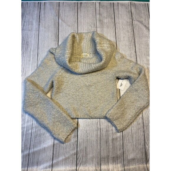 Urban Outfitters Women‎ Chunky Knit Sweater L Grey Long Sleeve Cowl Neck Cropped - Picture 1 of 9